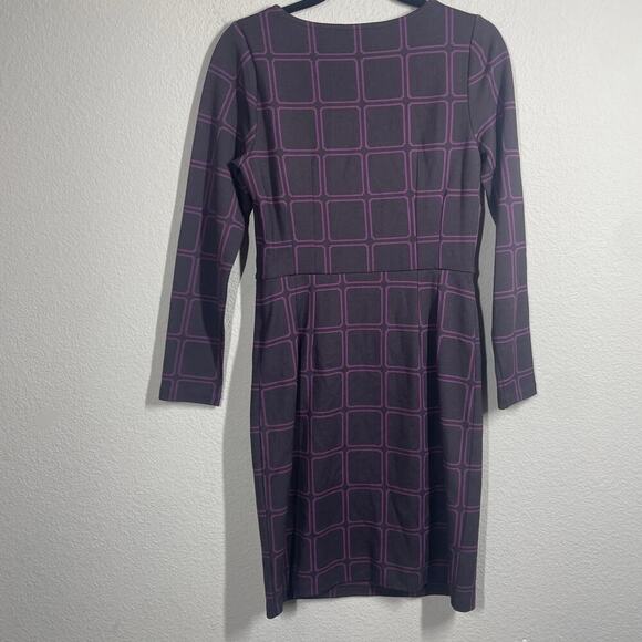 Boden 6 Eliza Ponte Sheath Dress Purple Windowpane Cotton V Neck Long Sleeves - Picture 3 of 11